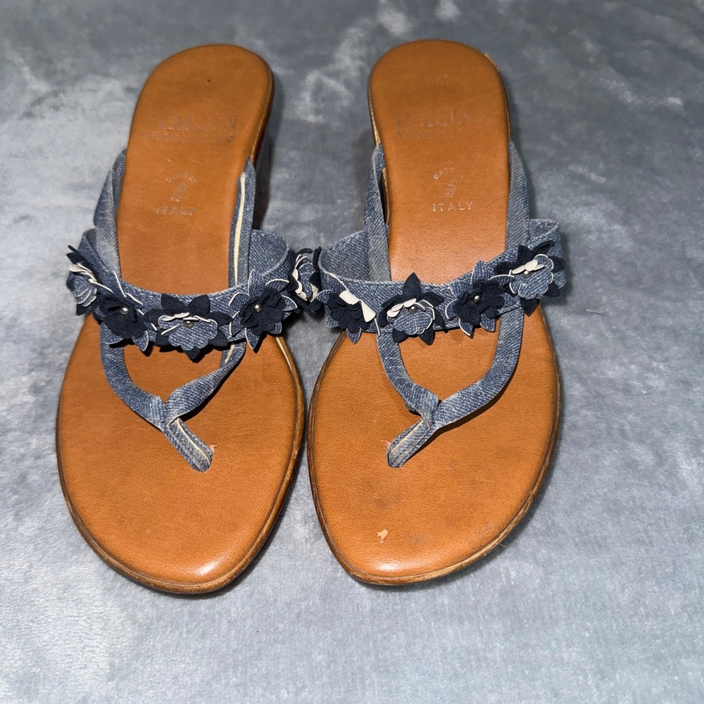 Italian Shoemakers Womens Floral Wedge Sandals 8 M Blue Denim Made In Italy